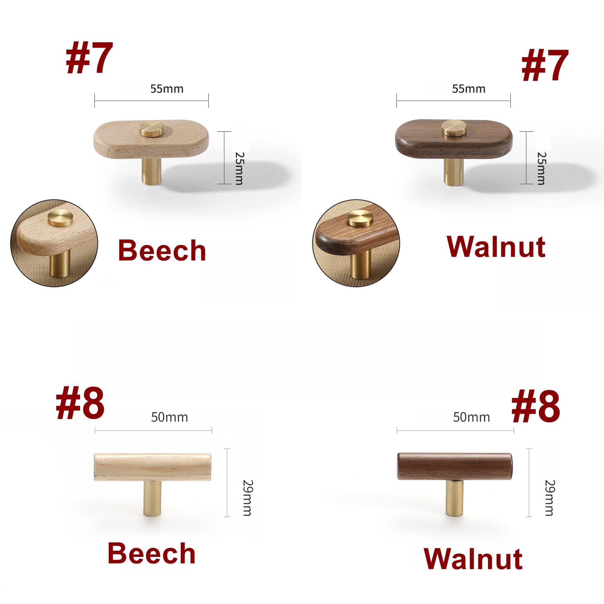 Modern Wooden Cabinet Knobs Designer Beech Walnut Drawer Pulls Round Square Oval Star Brass Accents Eco Scandinavian Mid-Century Style