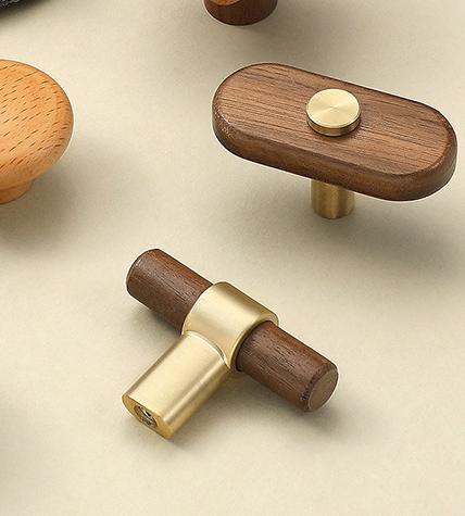 Modern Wooden Cabinet Knobs Designer Beech Walnut Drawer Pulls Round Square Oval Star Brass Accents Eco Scandinavian Mid-Century Style