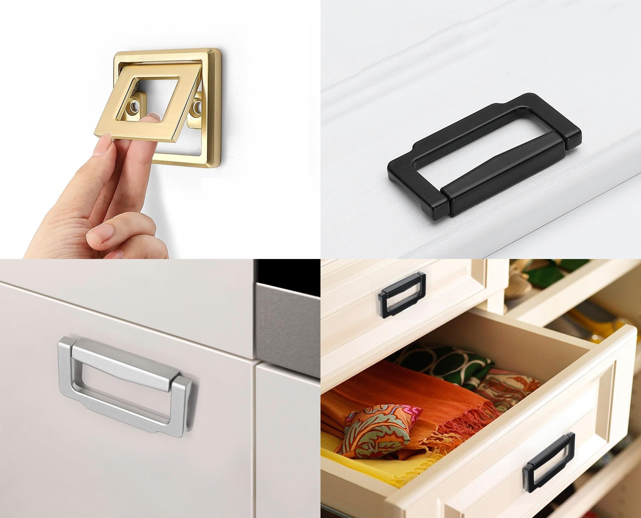 Square Recessed Flip Metal Drawer Pull Handles Modern Minimalist Flush Cabinet Hardware Black Silver Gold Kitchen Closet Dressers High-End