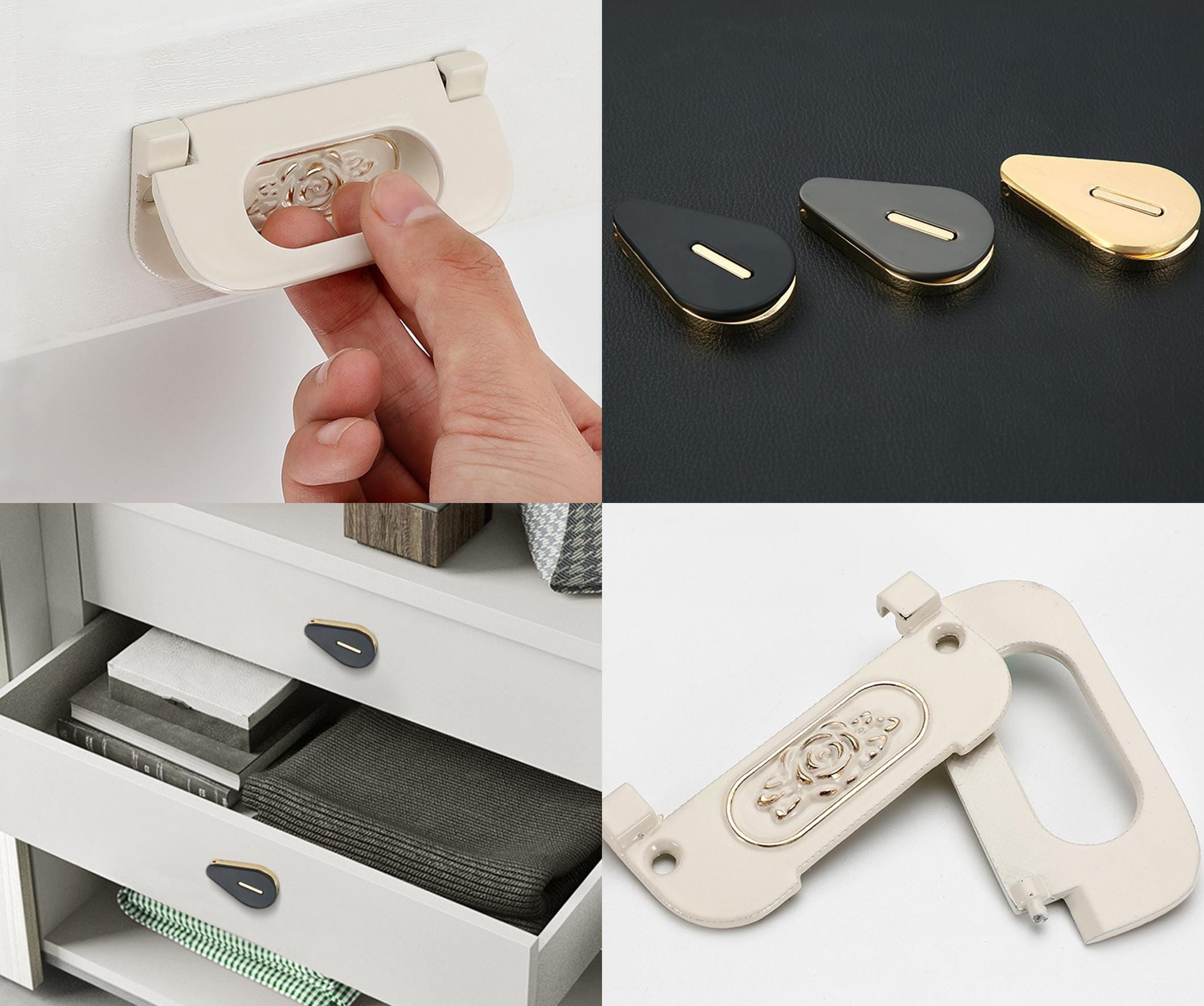 Modern Teardrop Vintage Floral Recessed Metal Pull Handles Minimalist Classic Drop Drawer Knobs Black Gold Graphite Cream Cabinets Dressers