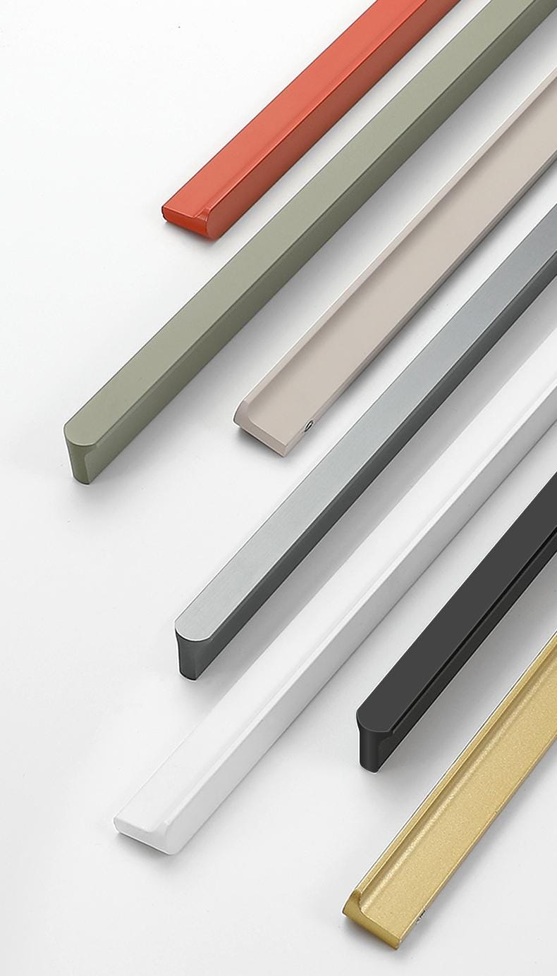 Minimalist Long Profile Metal Cabinet Handles Modern Flush Drawer Pulls Olive Beige Grey White Black Gold Scandinavian Furniture Design