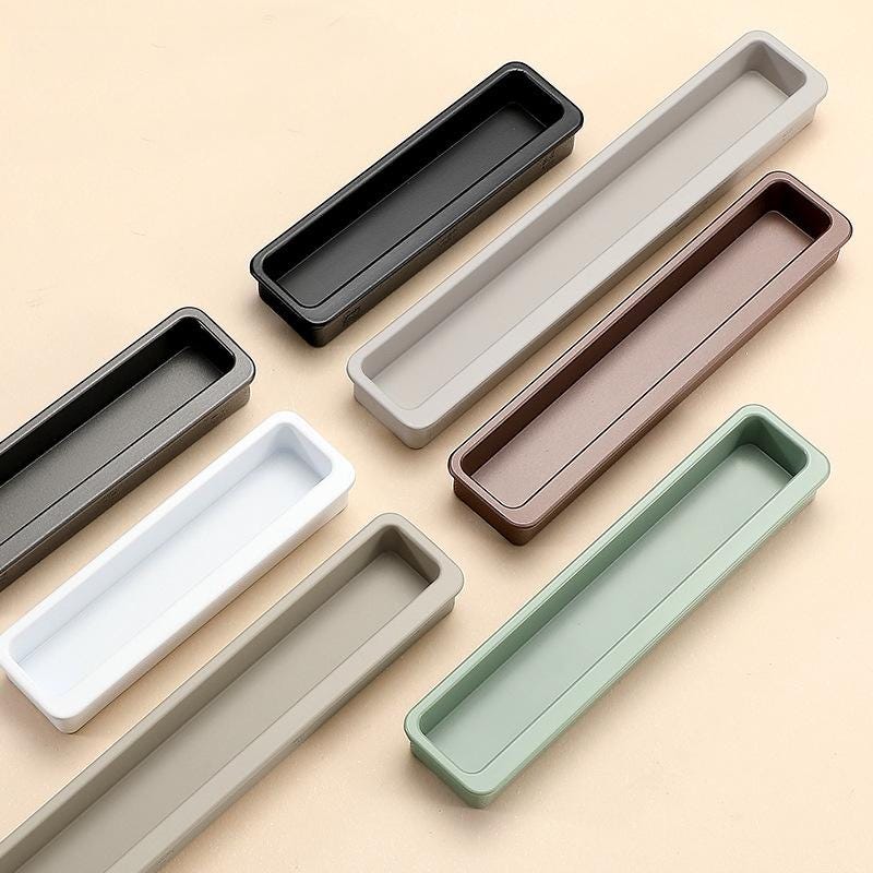 Minimalist Recessed Rectangular Metal Cabinet Handles Flush Modern Drawer Pulls Black White Grey Beige Brown Olive Scandinavian Furniture