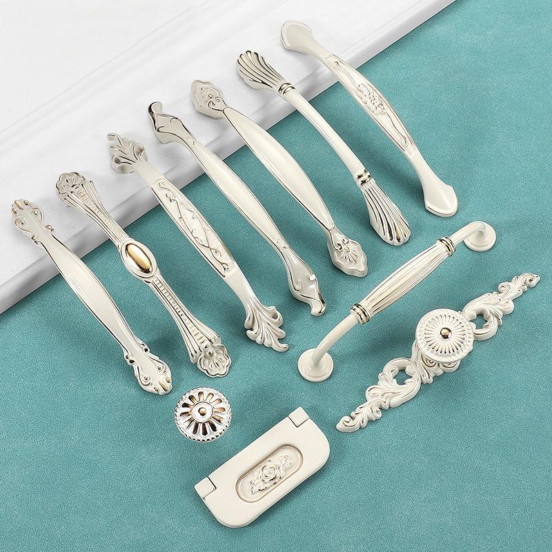 Vintage Cream Metal Cabinet Handles French Baroque Shabby Chic Drawer Pulls Patina Floral Carved Designs Victorian Style Furniture Kitchens