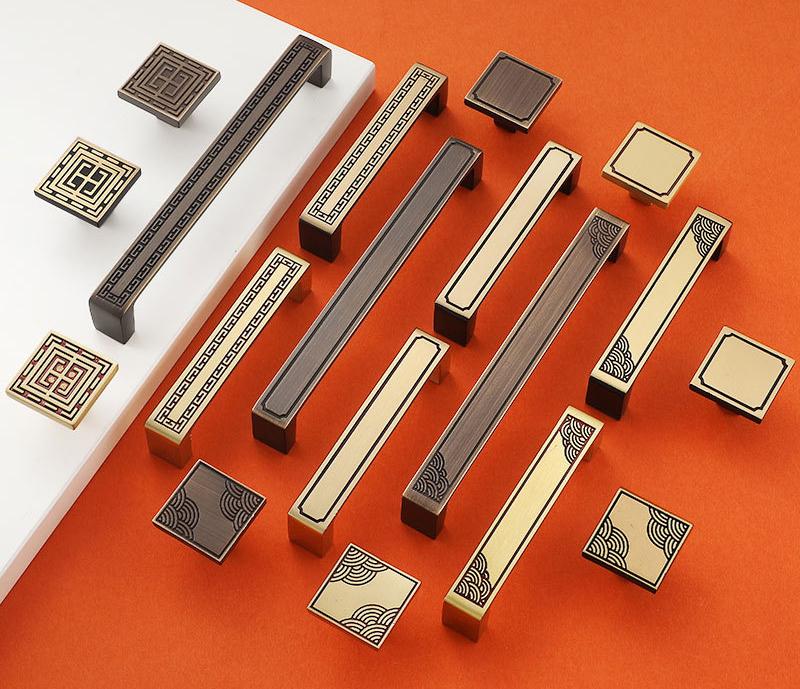 Oriental Cabinet Solid Brass Handles Knobs Geometric Asian Style Brass Gold Brown Drawer Pulls Dresser Wardrobe Closet Furniture Makeover