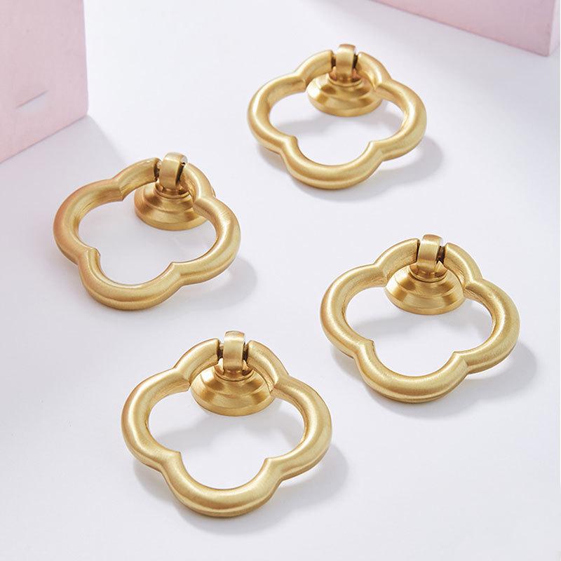 Elegant Gold Solid Brass Ring Pull Handles Four-Lobed Art Deco Cabinet Knobs Matte Finish Dressers Closets Sideboards Interior Decor Updates