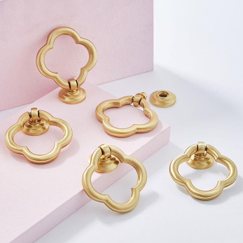 Elegant Gold Solid Brass Ring Pull Handles Four-Lobed Art Deco Cabinet Knobs Matte Finish Dressers Closets Sideboards Interior Decor Updates