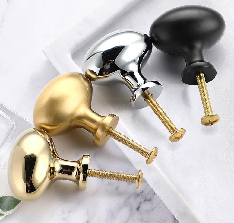 Modern Solid Brass Oval Cabinet Knobs Matte Gold Polished Gold Chrome Black Finishes Kitchen Closet Drawer Dresser Nightstand Furniture