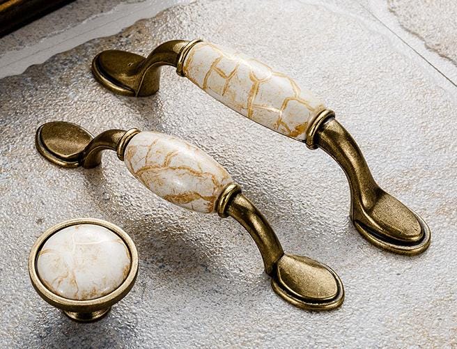 Classic Antique Bronze Metal Cabinet Drawer Handles Marble Ceramic Knobs And Pulls Vintage Style For Kitchen Furniture Wardrobe Dresser