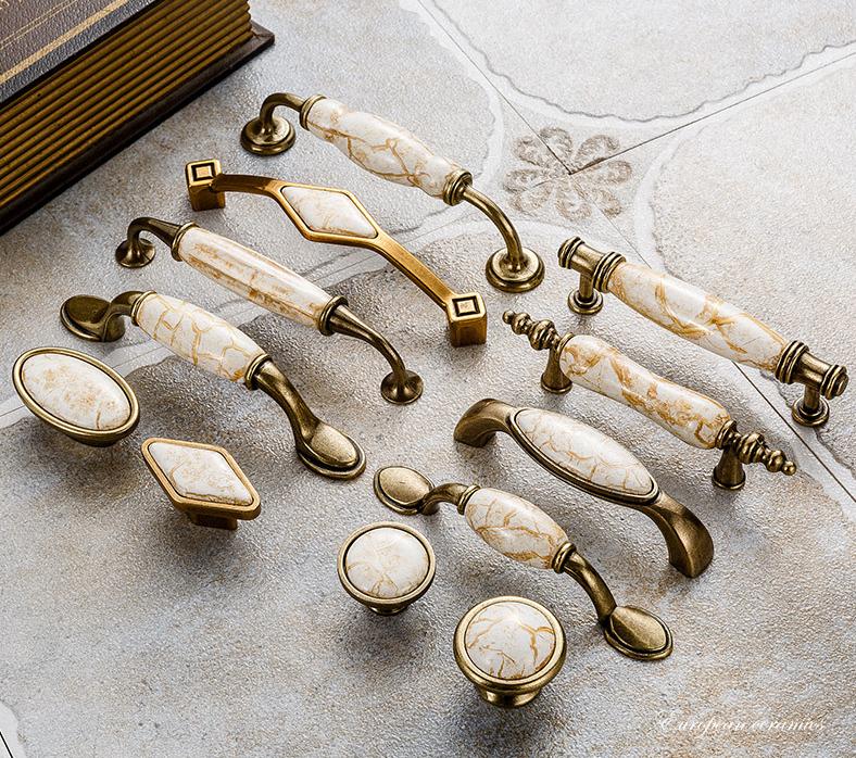 Classic Antique Bronze Metal Cabinet Drawer Handles Marble Ceramic Knobs And Pulls Vintage Style For Kitchen Furniture Wardrobe Dresser