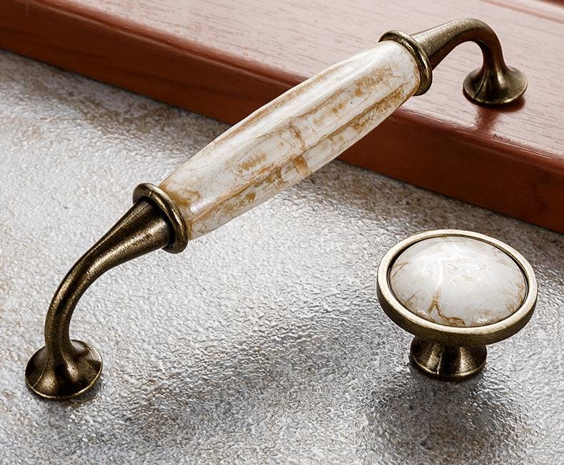 Classic Antique Bronze Metal Cabinet Drawer Handles Marble Ceramic Knobs And Pulls Vintage Style For Kitchen Furniture Wardrobe Dresser