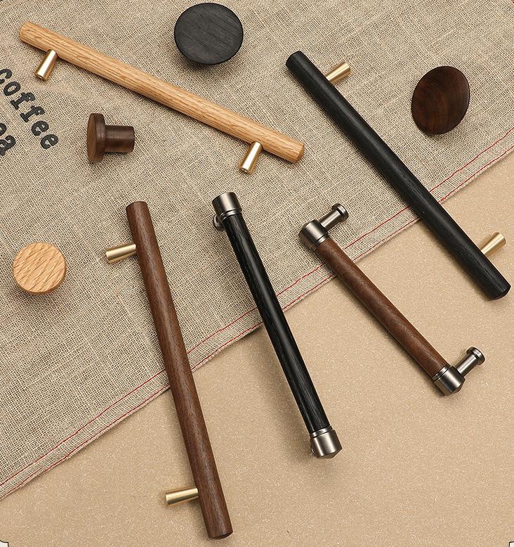 Scandinavian Wooden Drawer Cabinet Handles With Metal Base In Minimalist Style For Kitchen Wardrobe Dresser Furniture Door Pulls And Knobs