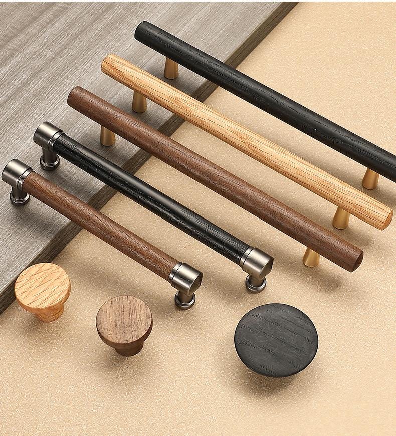 Scandinavian Wooden Drawer Cabinet Handles With Metal Base In Minimalist Style For Kitchen Wardrobe Dresser Furniture Door Pulls And Knobs