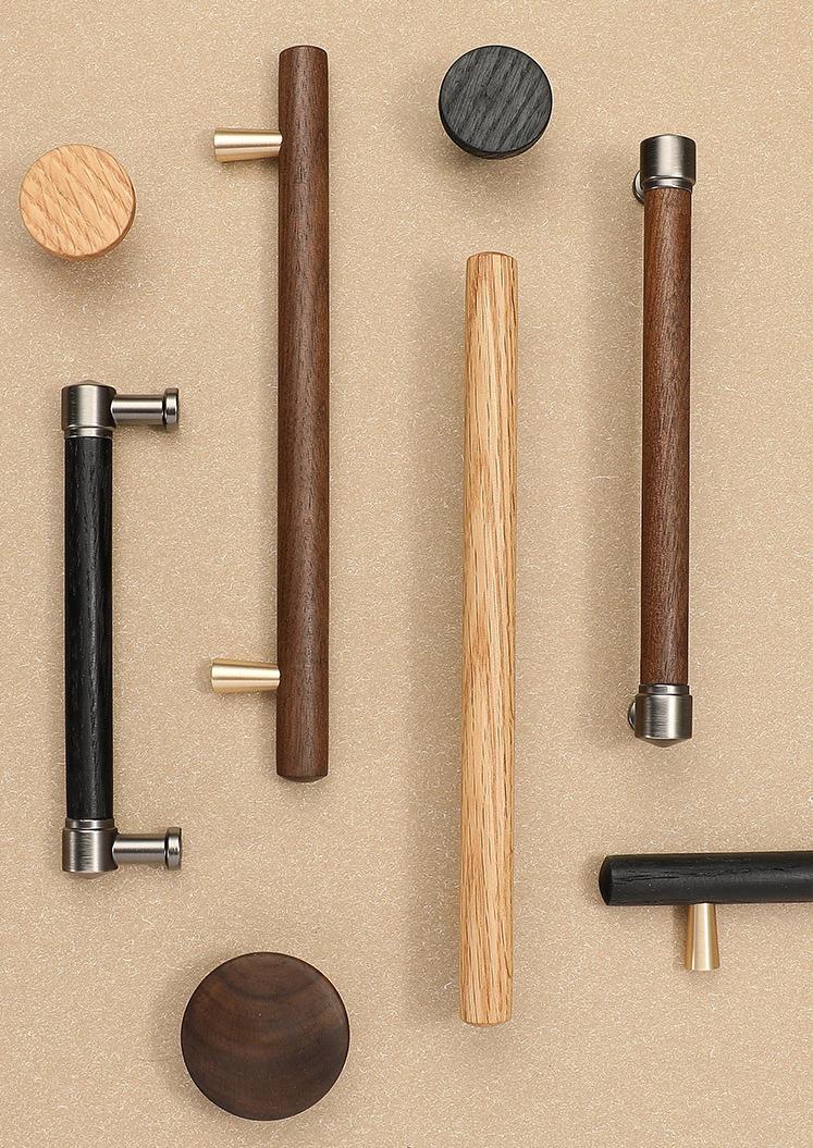 Scandinavian Wooden Drawer Cabinet Handles With Metal Base In Minimalist Style For Kitchen Wardrobe Dresser Furniture Door Pulls And Knobs