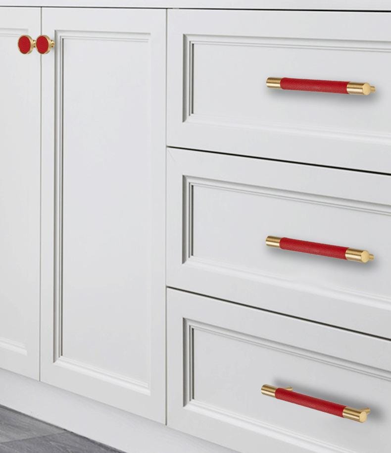 Modern Leather Cabinet Solid Brass Handles Gold Accents Dresser Drawers Kitchen Cupboards Furniture Makeover Scandinavian Minimalist Style