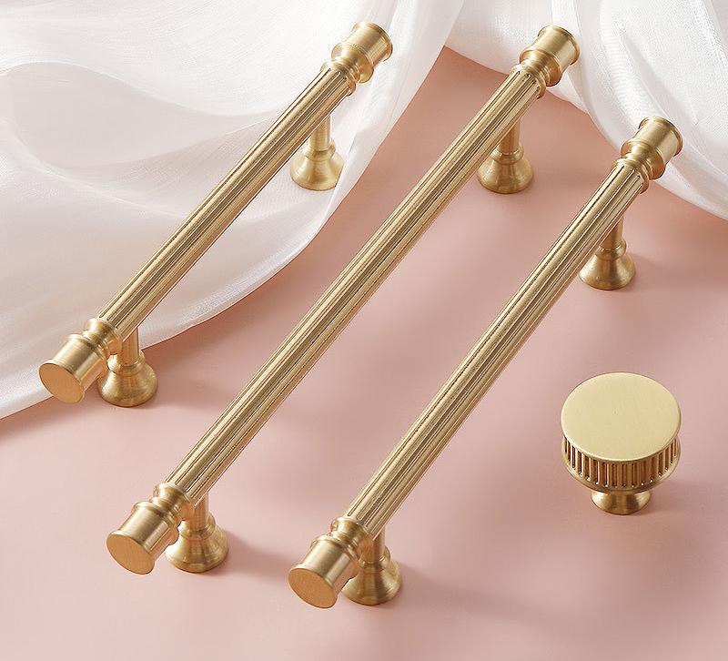 Neoclassical Cabinet Brushed Solid Brass Pulls Fluted Detailing Polished Finish Kitchen Dresser Wardrobe Bathroom Furniture Handles Knobs