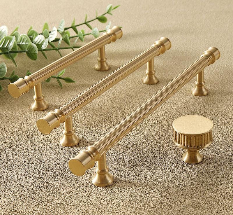 Neoclassical Cabinet Brushed Solid Brass Pulls Fluted Detailing Polished Finish Kitchen Dresser Wardrobe Bathroom Furniture Handles Knobs