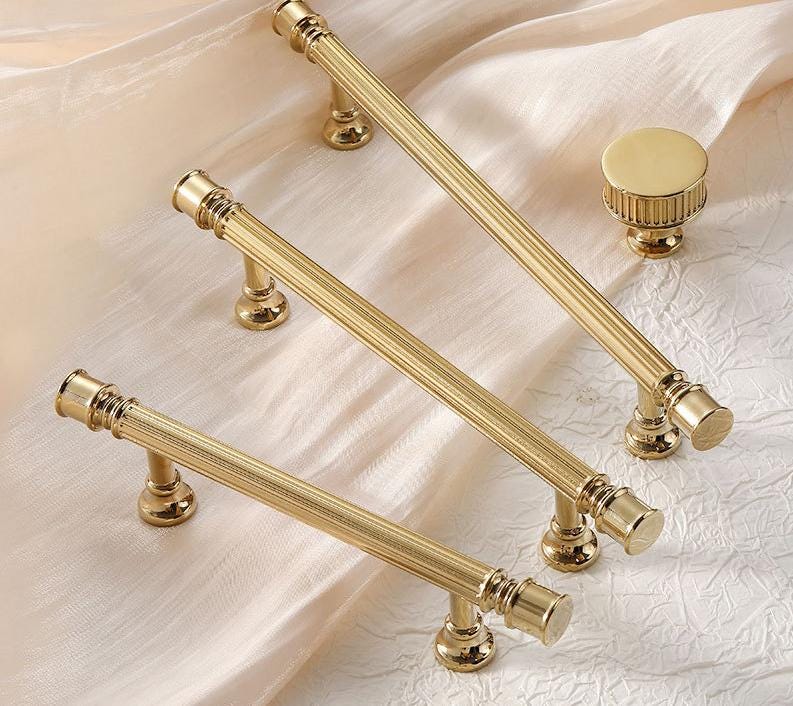 Luxury Neoclassical Bright Gold Cabinet Solid Brass Handles Fluted Detailing Gold Finish Dresser Drawers Wardrobes Kitchen Bathroom Cabinets