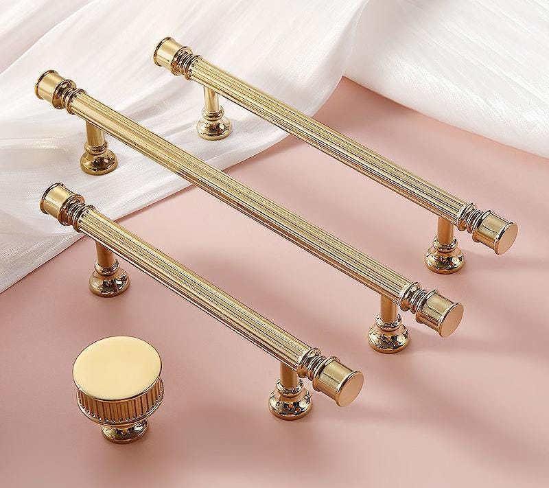 Luxury Neoclassical Bright Gold Cabinet Solid Brass Handles Fluted Detailing Gold Finish Dresser Drawers Wardrobes Kitchen Bathroom Cabinets