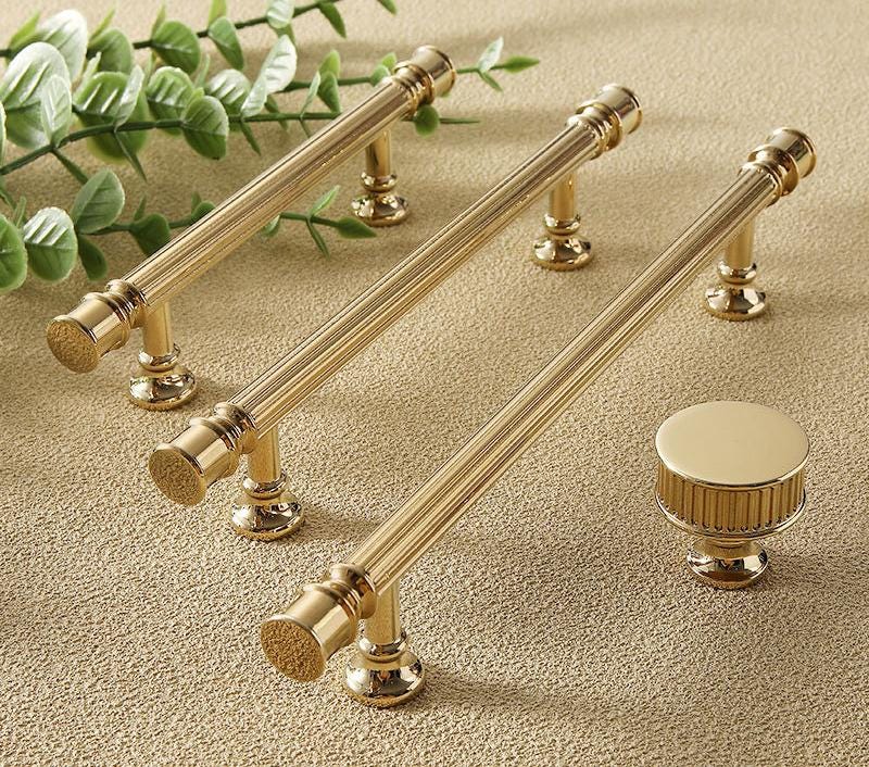 Luxury Neoclassical Bright Gold Cabinet Solid Brass Handles Fluted Detailing Gold Finish Dresser Drawers Wardrobes Kitchen Bathroom Cabinets