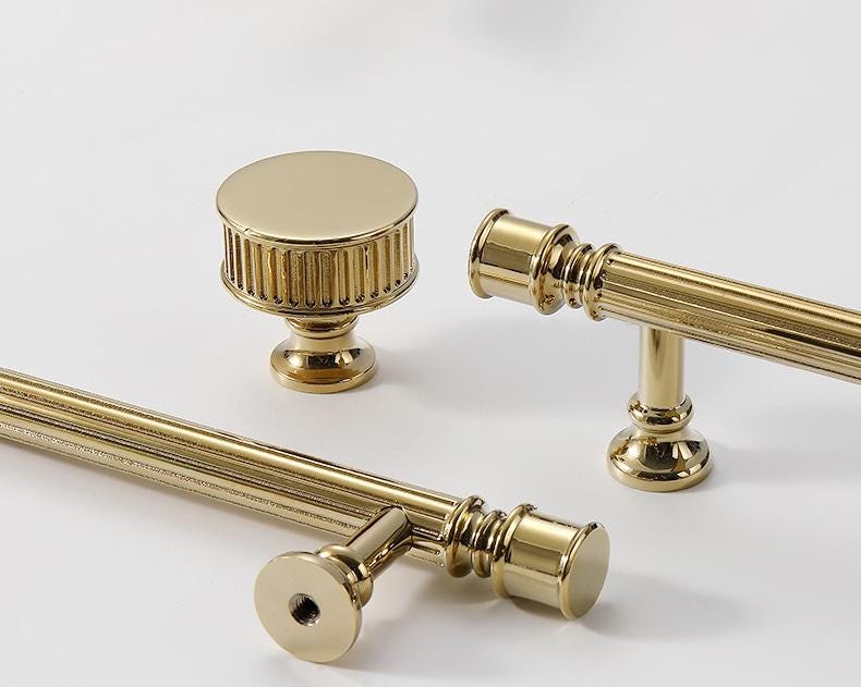 Luxury Neoclassical Bright Gold Cabinet Solid Brass Handles Fluted Detailing Gold Finish Dresser Drawers Wardrobes Kitchen Bathroom Cabinets