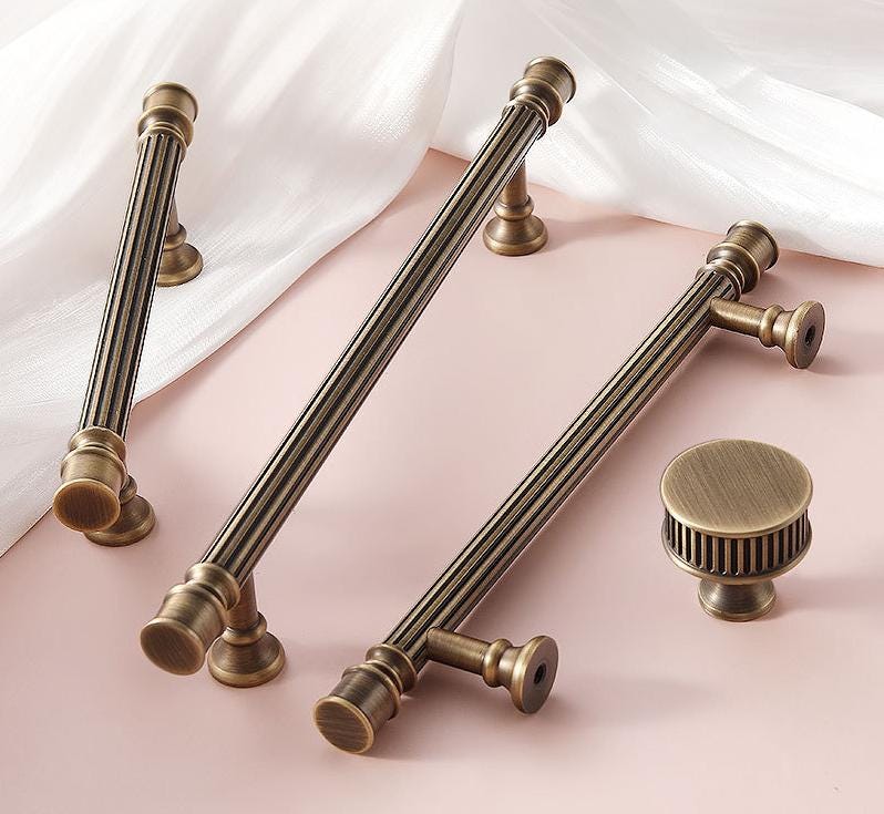 Antique Bronze Cabinet Solid Brass Handles Knobs Set Fluted Neoclassical Design Dresser Drawer Wardrobe Furniture Traditional Retro Style