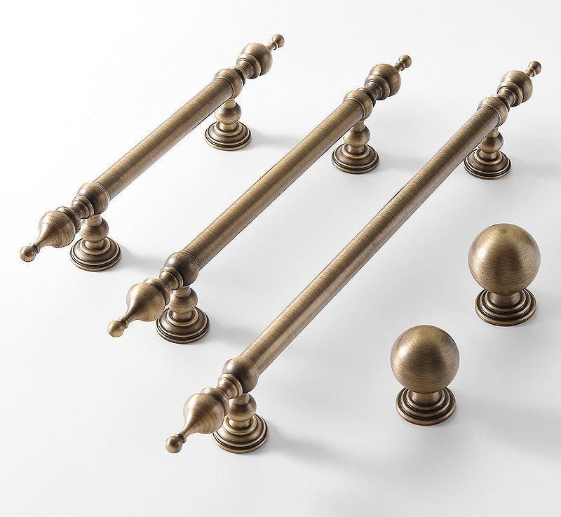 Antique Bronze Cabinet Solid Brass Handles Round Knobs Set Drawers Wardrobes Classic Vintage Style with Ornate Neoclassical Accents