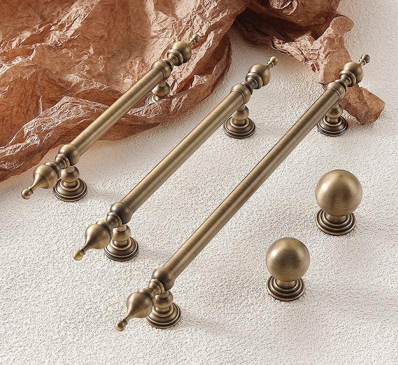 Antique Bronze Cabinet Solid Brass Handles Round Knobs Set Drawers Wardrobes Classic Vintage Style with Ornate Neoclassical Accents