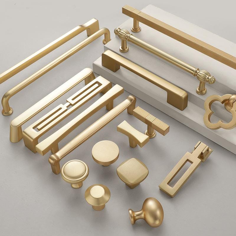 Luxury Gold Metal Cabinet Knobs Drawer Pulls Kitchen Closet Dresser Furniture Modern Minimalist Art Deco Neoclassical Satin Finish Look
