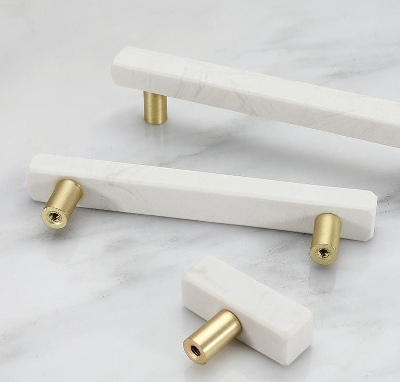 White Marble Metal Cabinet Handles Gold Base Modern Minimalist Drawer Pulls Kitchen Bathroom Closet Dresser Contemporary Loft Art Deco Style