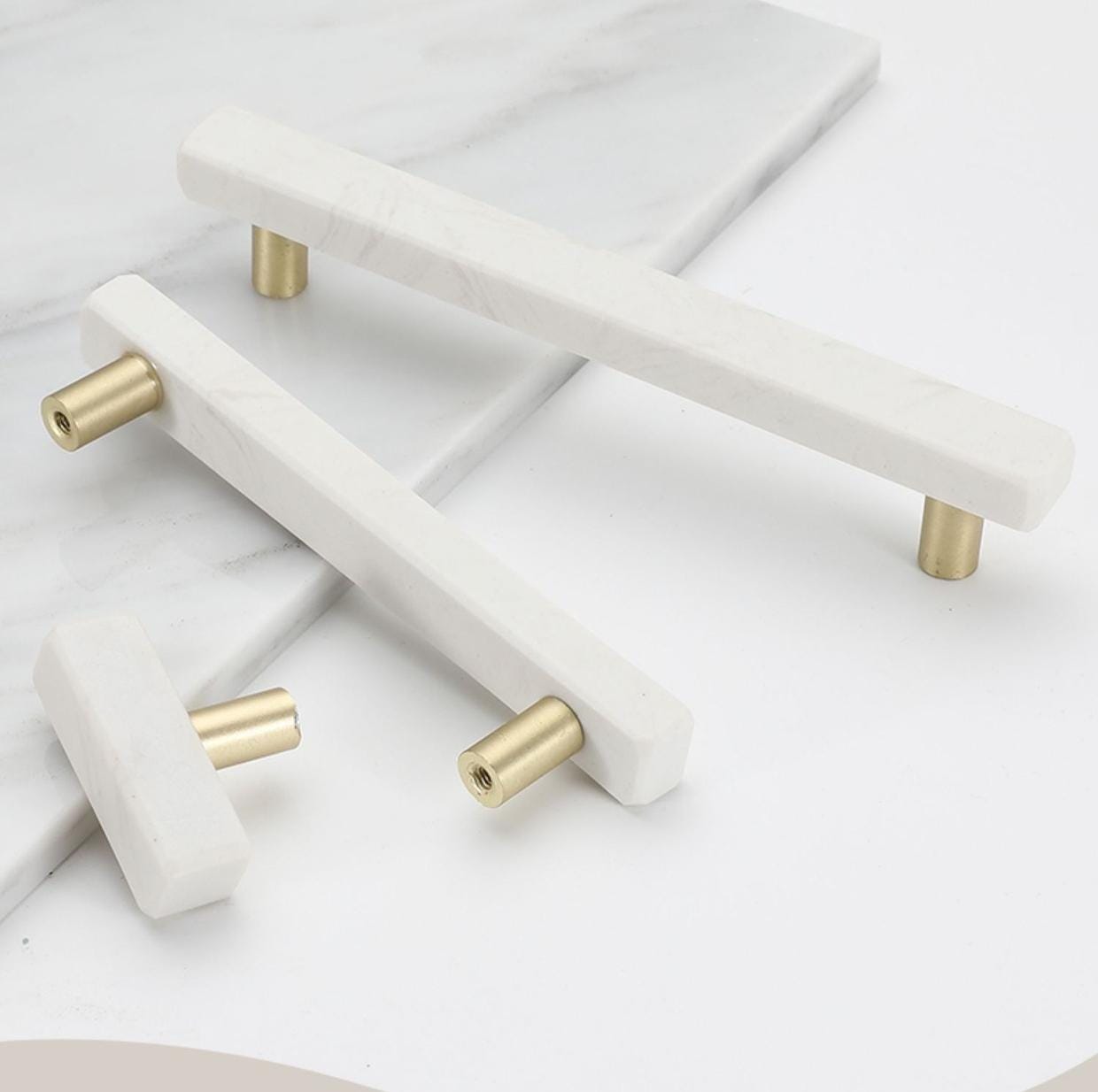 White Marble Metal Cabinet Handles Gold Base Modern Minimalist Drawer Pulls Kitchen Bathroom Closet Dresser Contemporary Loft Art Deco Style