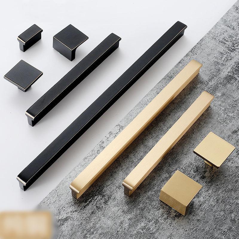Modern Minimalist Matte Black Gold Solid Brass Cabinet Handles Drawer Pulls Set for Kitchen Closet Dresser in Industrial Square Style