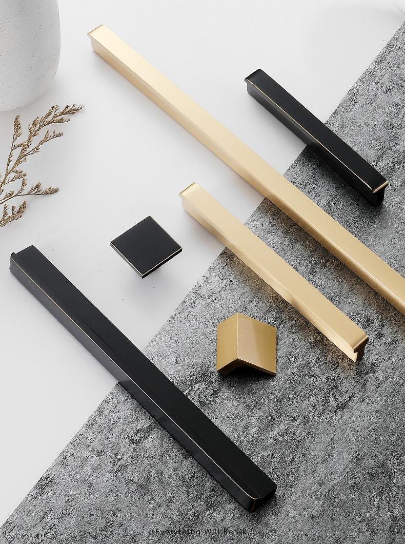 Modern Minimalist Matte Black Gold Solid Brass Cabinet Handles Drawer Pulls Set for Kitchen Closet Dresser in Industrial Square Style