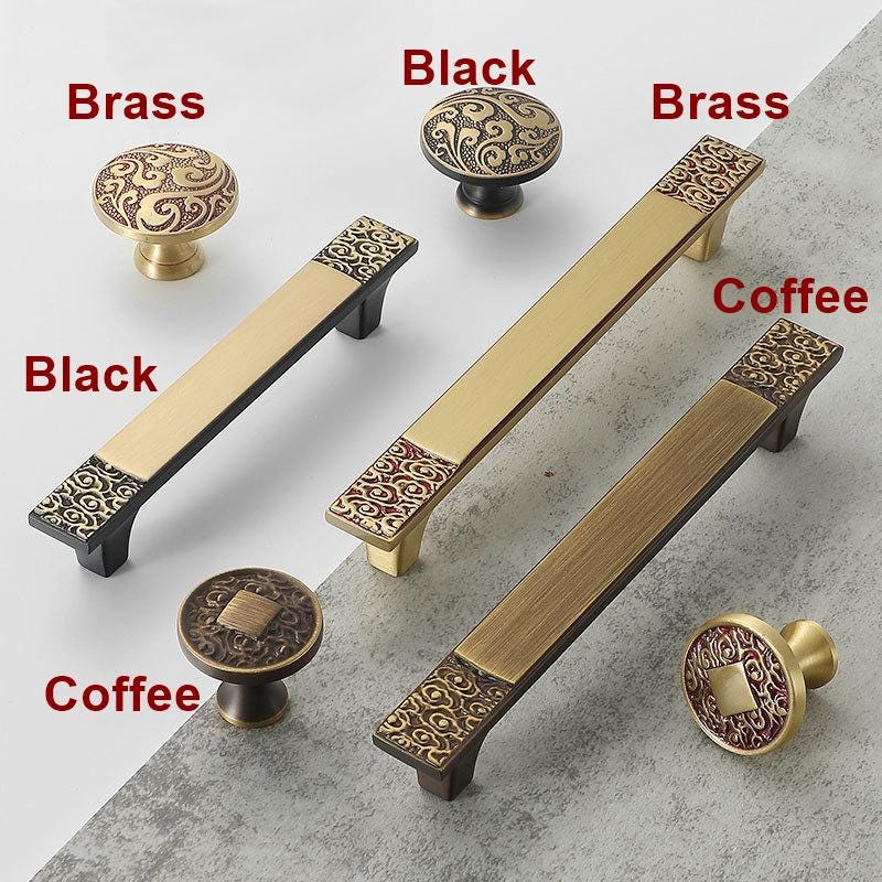 Antique Solid Brass Cabinet Handles Drawer Pulls Engraved Baroque Floral Pattern Classic Oriental Style Kitchen Wardrobe Dresser Furniture