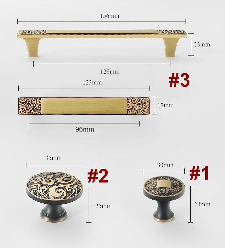 Antique Solid Brass Cabinet Handles Drawer Pulls Engraved Baroque Floral Pattern Classic Oriental Style Kitchen Wardrobe Dresser Furniture
