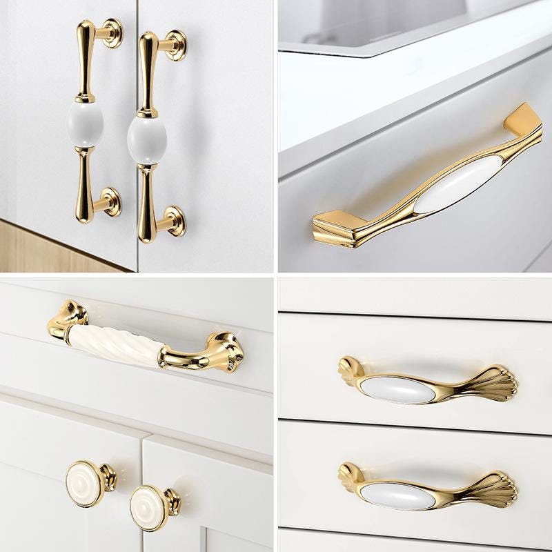 Elegant Classic White Ceramic Gold Metal Cabinet Handles Knobs Drawer Furniture Baroque Style Pulls Retro Art Deco Decorative Hardware