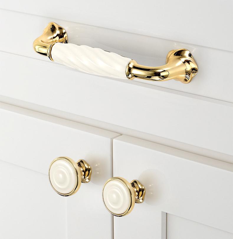 Elegant Classic White Ceramic Gold Metal Cabinet Handles Knobs Drawer Furniture Baroque Style Pulls Retro Art Deco Decorative Hardware