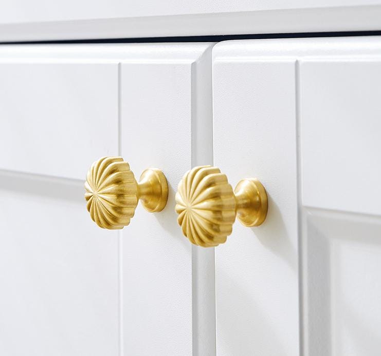 Elegant Classic Solid Brass Cabinet Knobs Matte Gold Finish Flower-Inspired Decorative Handles Drawers Dressers Vintage Furniture Upgrade