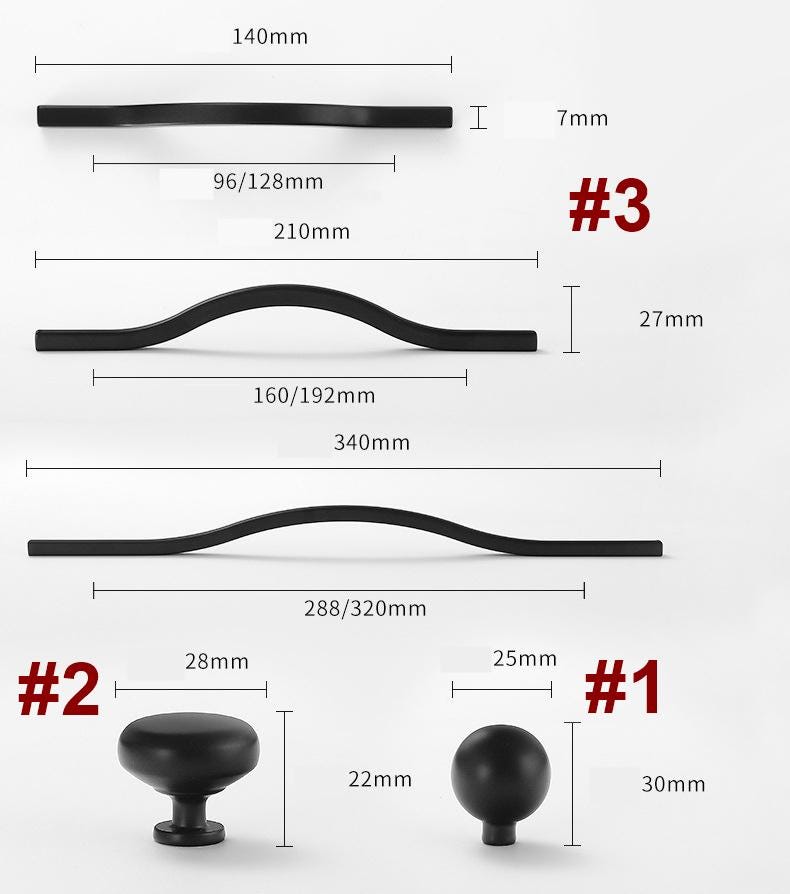 Modern Minimalist Metal Cabinet Handles Knobs Matte Black Satin Nickel Polished Gold Finishes Elegant Curved Design Kitchen Bedroom