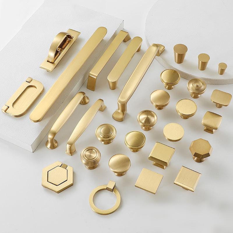 Brushed Gold Solid Brass Cabinet Pulls Knobs Modern Minimalist Handles Kitchen Drawers Doors Dressers Furniture Scandinavian Hardware