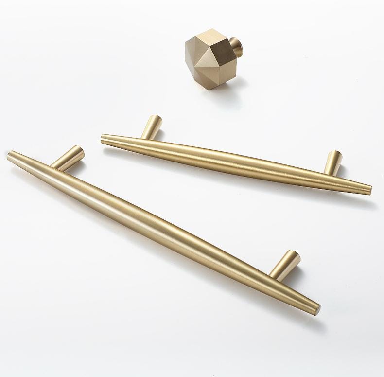 Modern Gold Solid Brass Cabinet Handles Brushed Brass Drawer Pulls Knobs Kitchen Wardrobe Dresser Minimalist Tapered Furniture Hardware Set