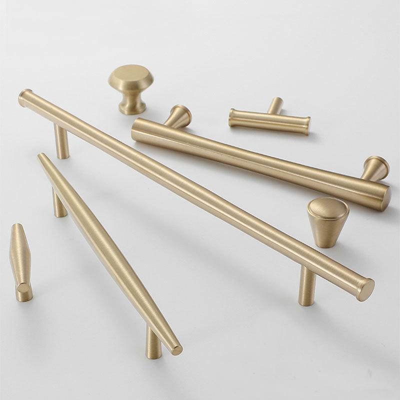 Modern Gold Solid Brass Cabinet Handles Brushed Brass Drawer Pulls Knobs Kitchen Wardrobe Dresser Minimalist Tapered Furniture Hardware Set