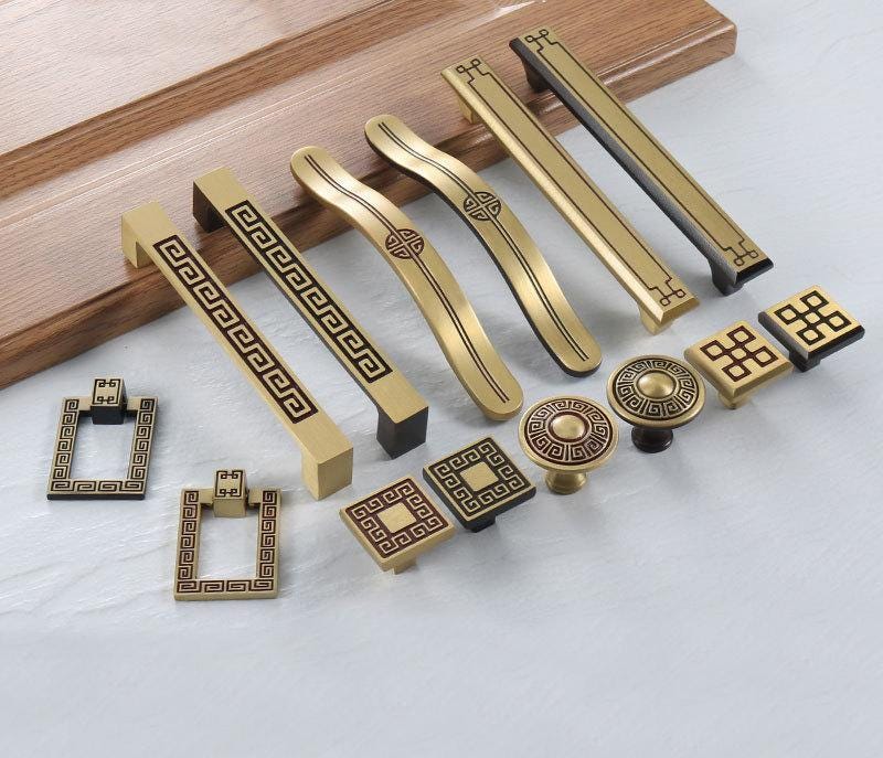 Oriental Solid Brass Cabinet Handles Antique Brass Chinese Style Pulls Longevity Motif Drawers Door Wardrobes Asian Furniture Hardware Decor
