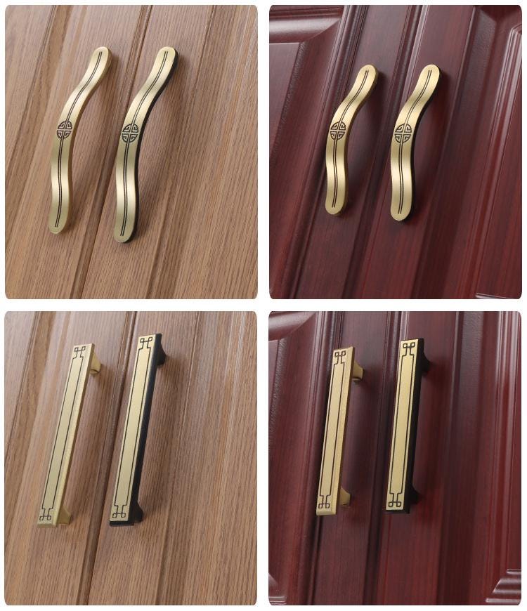 Oriental Solid Brass Cabinet Handles Antique Brass Chinese Style Pulls Longevity Motif Drawers Door Wardrobes Asian Furniture Hardware Decor