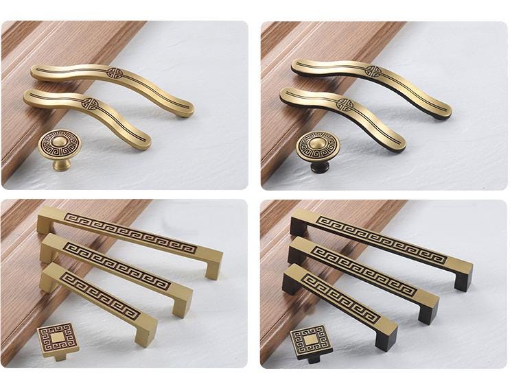 Oriental Solid Brass Cabinet Handles Antique Brass Chinese Style Pulls Longevity Motif Drawers Door Wardrobes Asian Furniture Hardware Decor