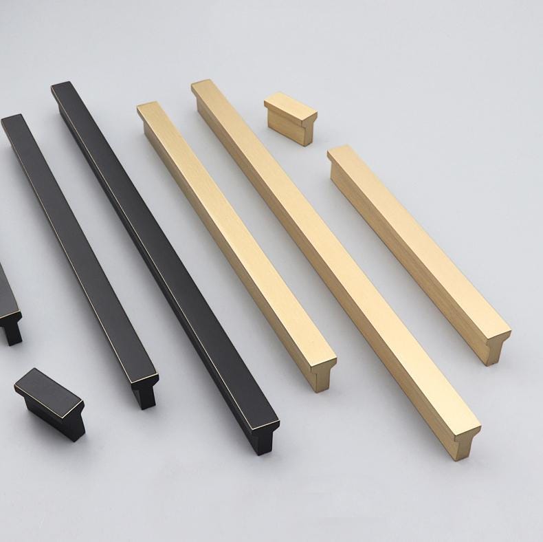 Modern Minimalist Solid Brass Cabinet Handles Black Gold Drawer Pulls Kitchen Wardrobe Dresser Metal Furniture Hardware Square Edge Design