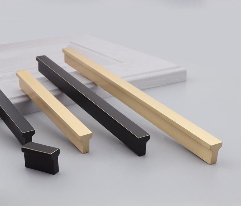 Modern Minimalist Solid Brass Cabinet Handles Black Gold Drawer Pulls Kitchen Wardrobe Dresser Metal Furniture Hardware Square Edge Design