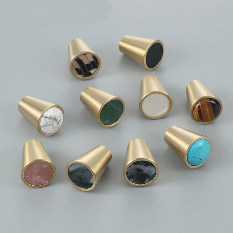 Colorful Stone Solid Brass Cabinet Knobs Modern Cone Pulls Marble Agate Inlay Eclectic Drawer Handles Kitchen Closet Vanity Furniture