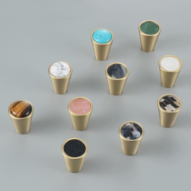 Colorful Stone Solid Brass Cabinet Knobs Modern Cone Pulls Marble Agate Inlay Eclectic Drawer Handles Kitchen Closet Vanity Furniture