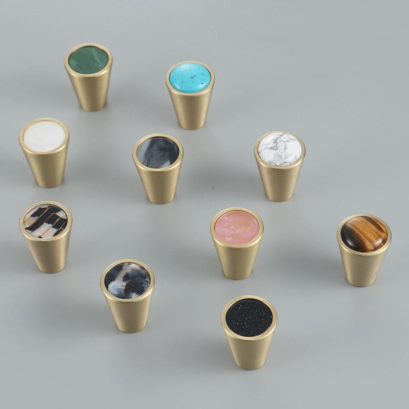 Colorful Stone Solid Brass Cabinet Knobs Modern Cone Pulls Marble Agate Inlay Eclectic Drawer Handles Kitchen Closet Vanity Furniture