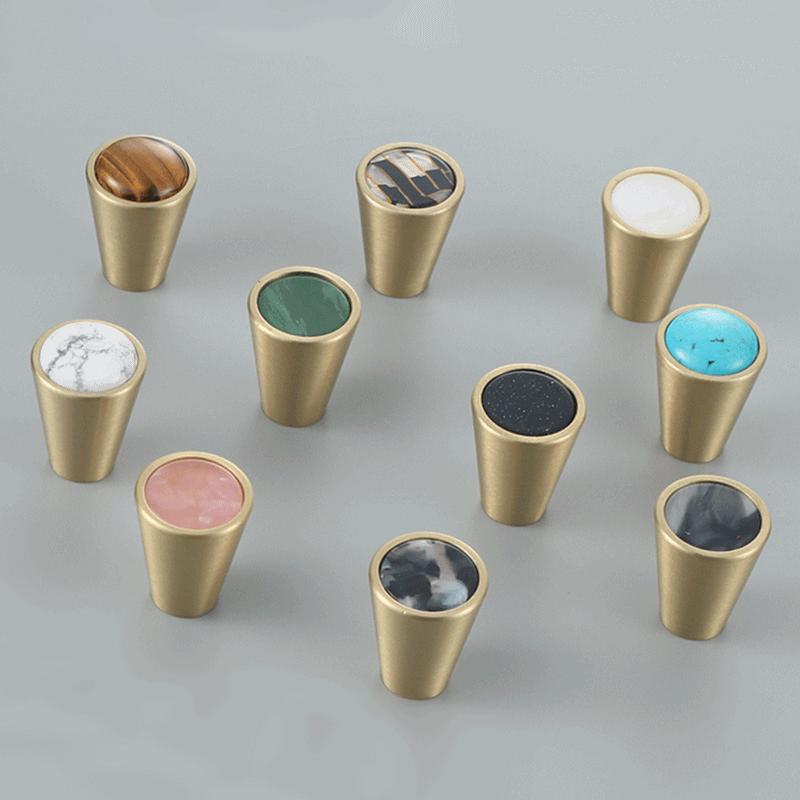 Colorful Stone Solid Brass Cabinet Knobs Modern Cone Pulls Marble Agate Inlay Eclectic Drawer Handles Kitchen Closet Vanity Furniture